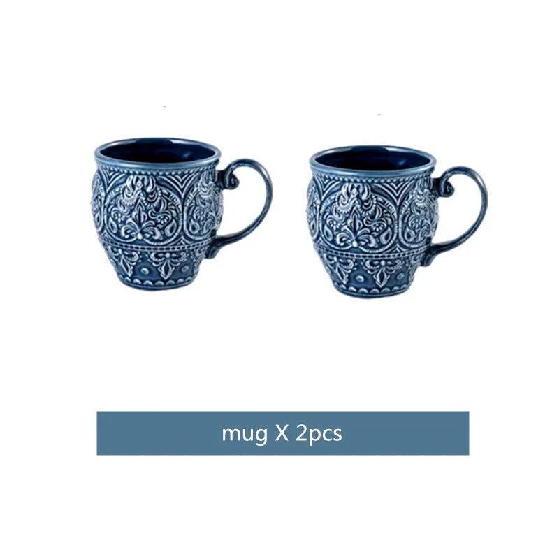 Blue Retro Relief Ceramic Dishes Set by 𝕄𝕔 𝕋𝕙𝕖 𝔹𝕝𝕒𝕔𝕜 𝔻𝕚𝕒𝕞𝕠𝕟