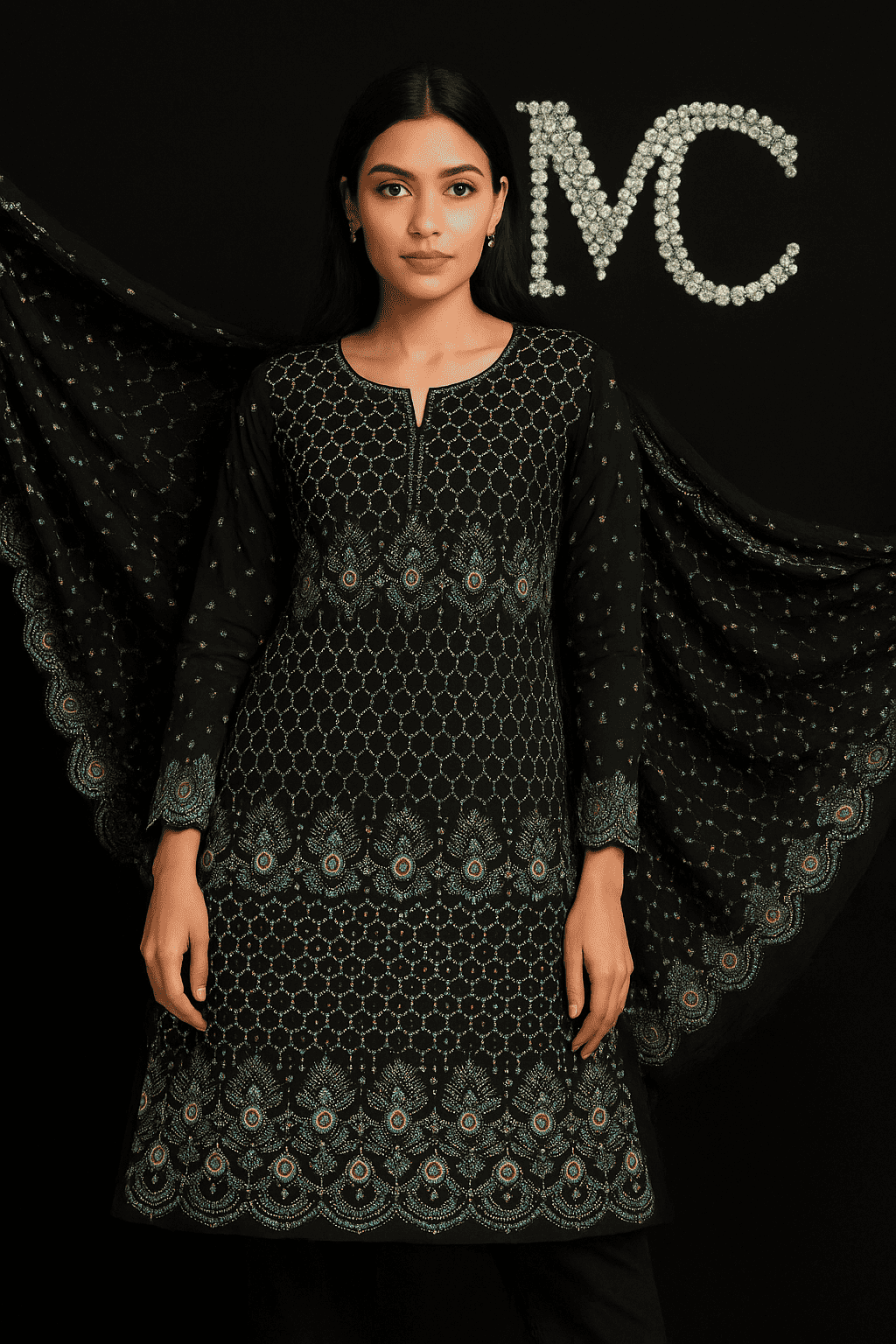 MC THE BLACK DIAMOND chiffon fabric from the Chiffon Luxe Signature Embroidered Collection, 4-meter length, elegant and light.