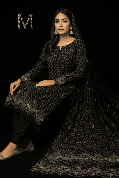 MC THE BLACK DIAMOND chiffon fabric from the Chiffon Luxe Signature Embroidered Collection, 4-meter suit length.