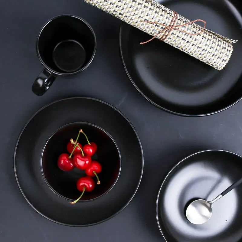 Black ceramic breakfast milk cup and deep steak soup plate from 𝕄𝕔 𝕋𝕙𝕖 𝔹𝕝𝕒𝕔𝕜 𝔻𝕚𝕒𝕞𝕠