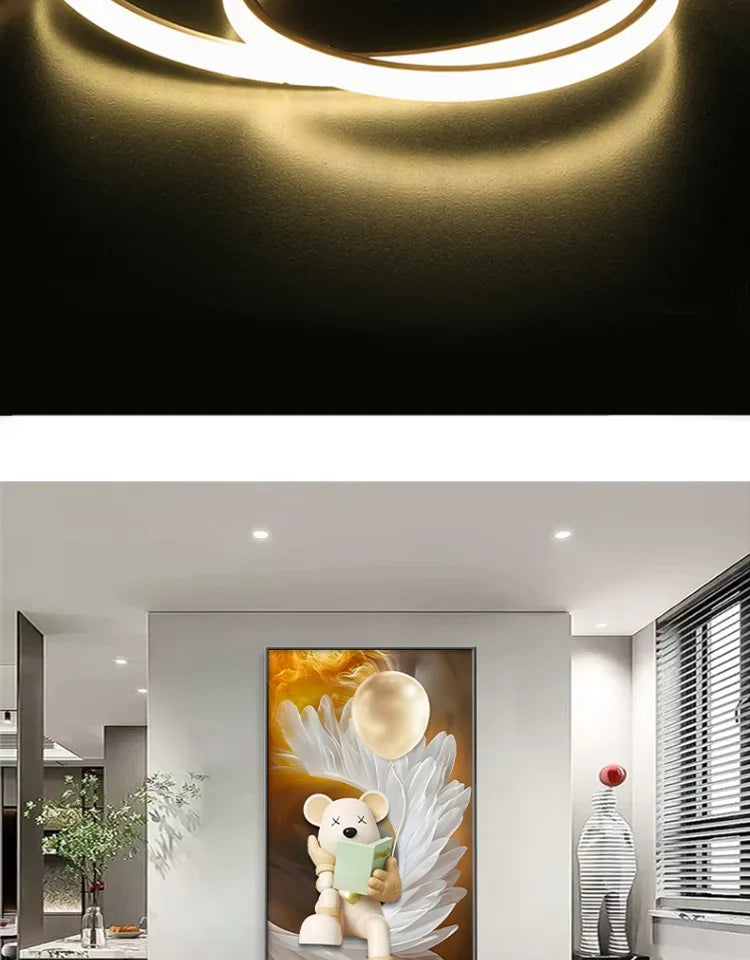 Modern living room wall decor featuring a luminous cartoon bear poster by MC THE BLACK DIAMOND, hanging as a creative LED mural.