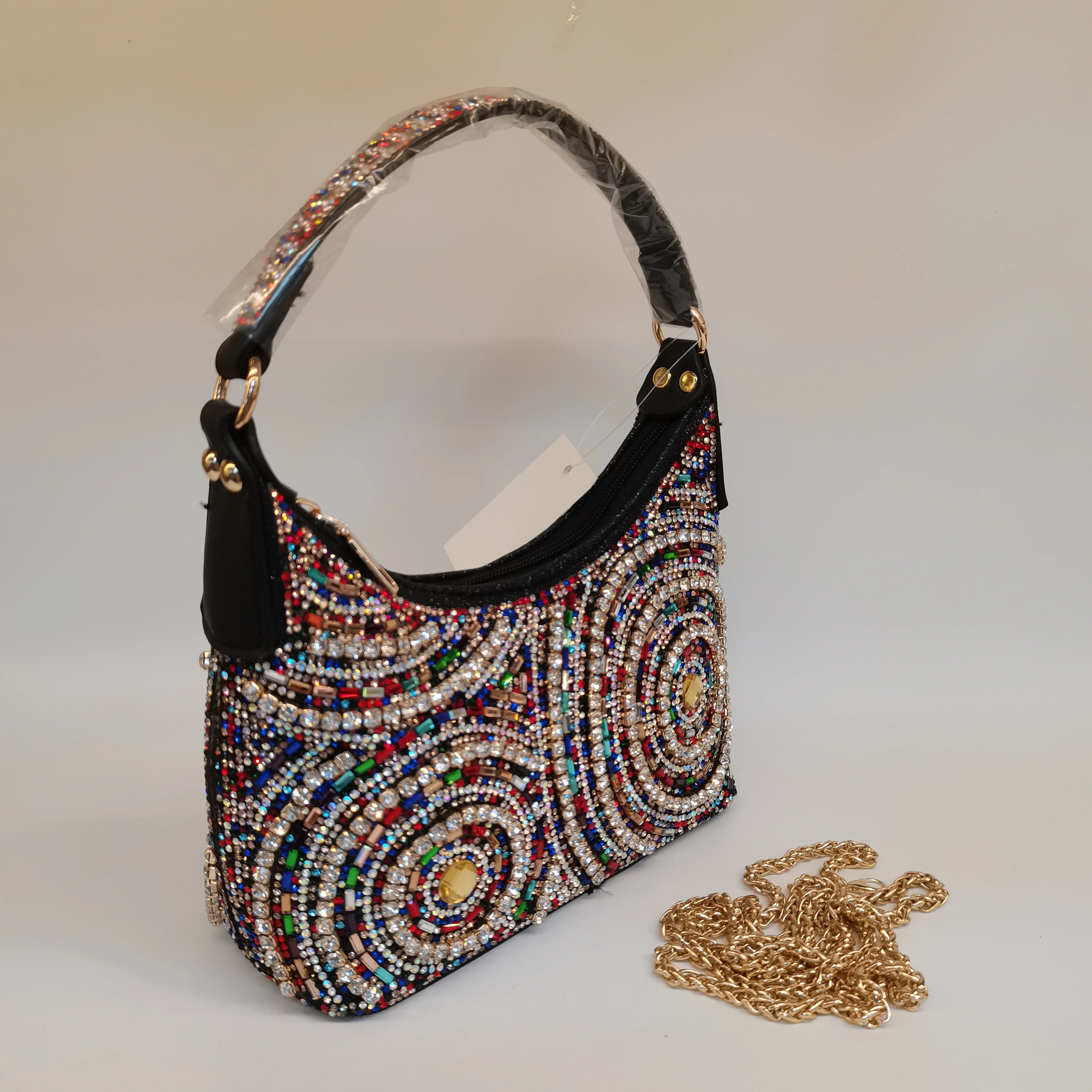 MC THE BLACK DIAMOND women's rhinestone evening clutch bag with long chain, embellished casual handbag for special occasions.