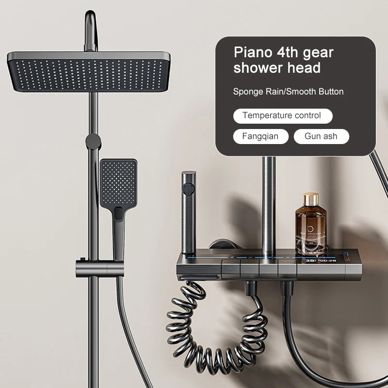 Grey MC THE BLACK DIAMOND shower column with digital display, rain faucet, and ambient lighting for bathroom shower system.