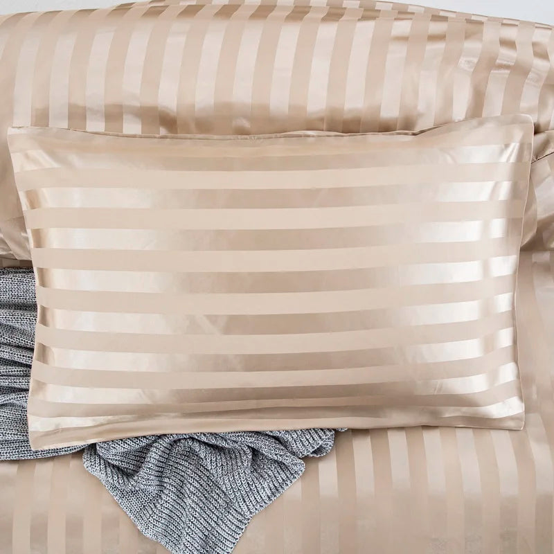 Luxury satin striped duvet cover set in ivory white with silky feel, available in full, queen, king, single, and double sizes.