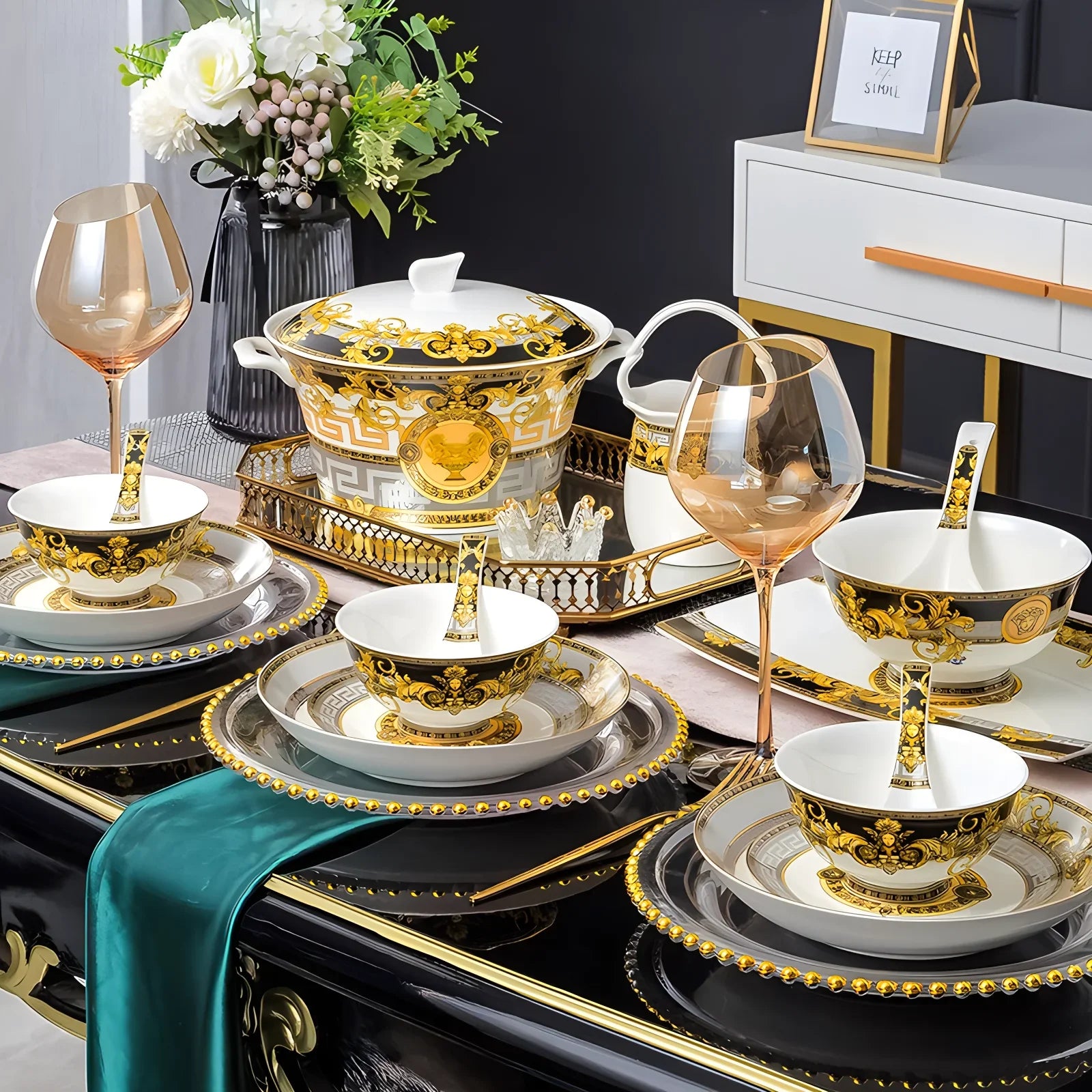Eco-friendly ceramic dinnerware set by MC The Black Diamonds, 60-piece tableware collection with matching plates and bowls.