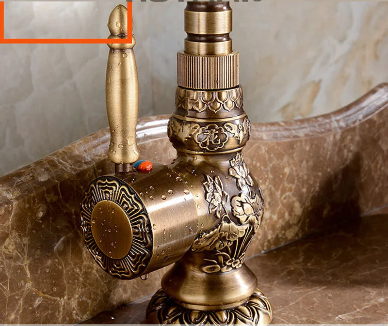Luxury Antique Bronze Copper Carving Deck Mounted Kitchen Faucet Bathroom Basin Faucet Sink Faucet Mixer Hot and Cold Water Tap - https://mohammadcollection.com