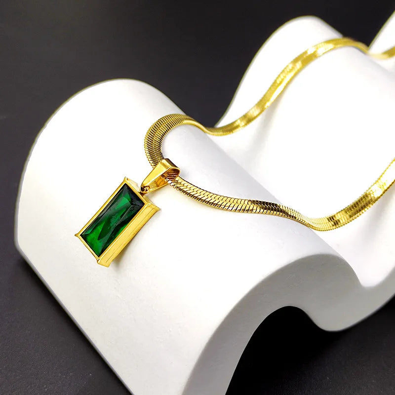 Stainless steel rectangle green crystal zircon necklace by 𝕄𝕔 𝕋𝕙𝕖 𝔹𝕝𝕒𝕔𝕜 𝔻𝕚𝕒𝕞𝕠�