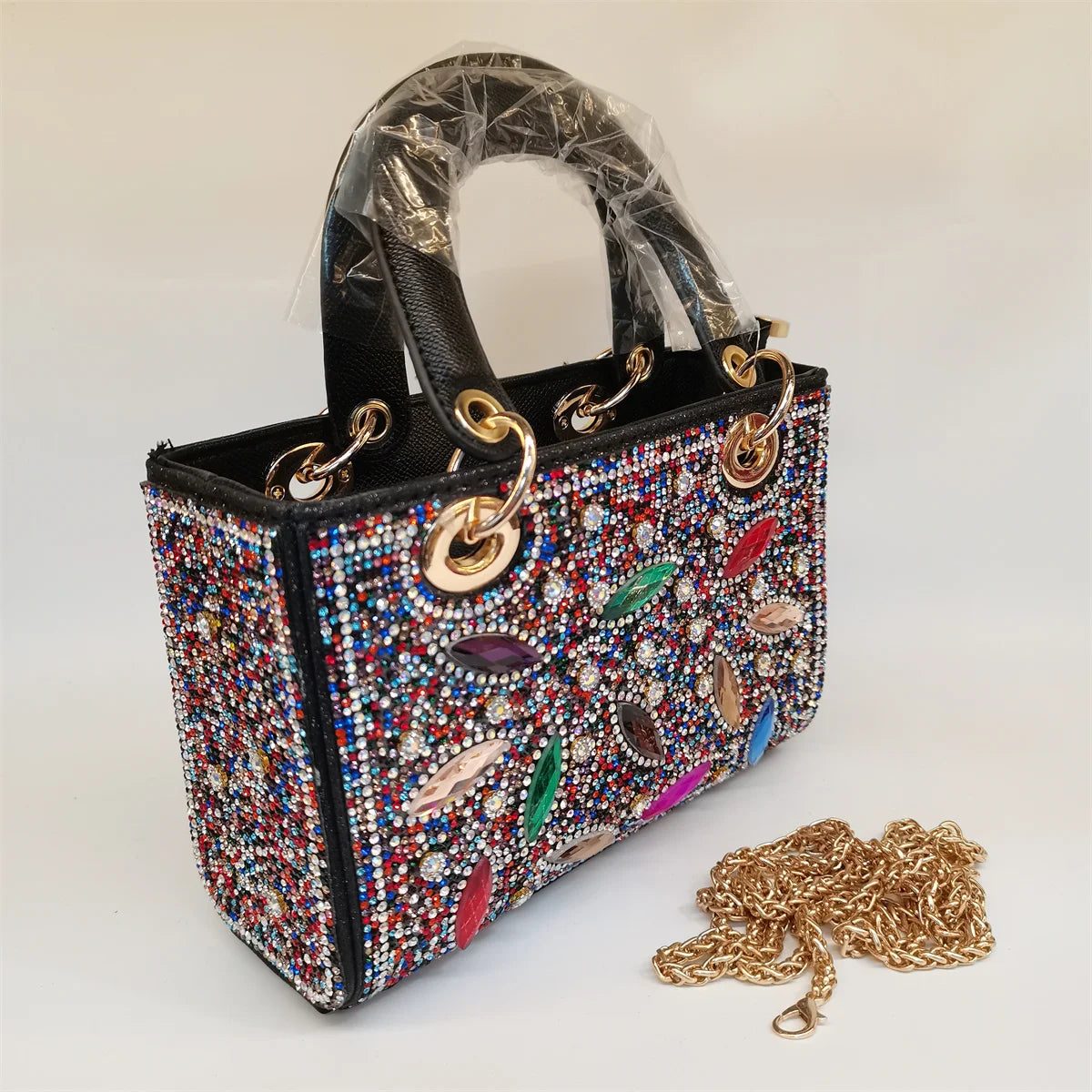 MC THE BLACK DIAMOND women's rhinestone evening clutch bag with long chain, embellished casual hand bag, stylish and fashionable.