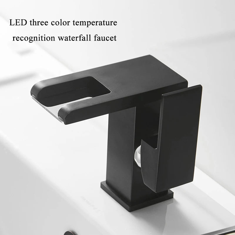 MC THE BLACK DIAMOND luxury LED black basin faucet with single handle, tall and short options, hot and cold water flow in bathroom.