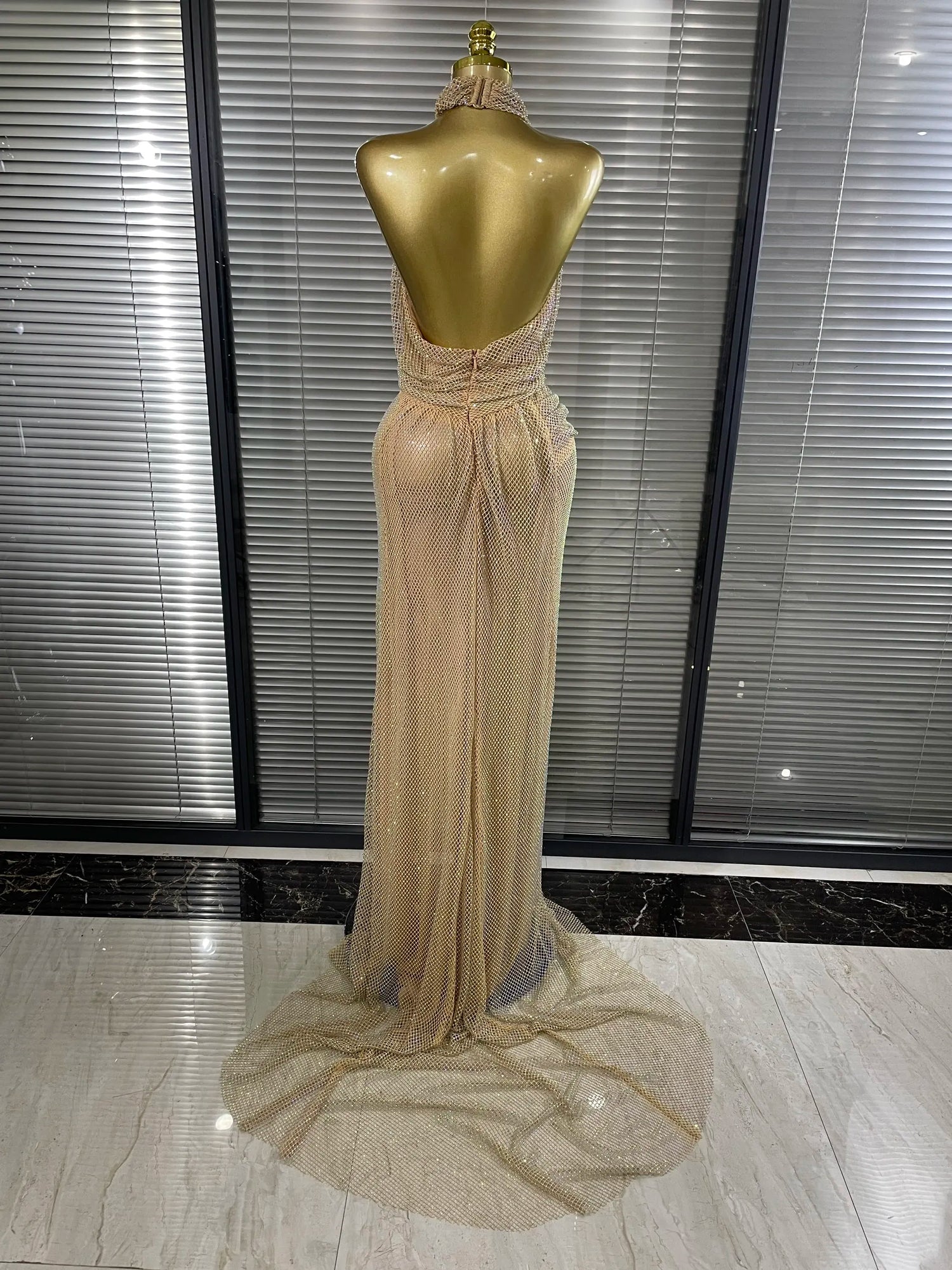 MC THE BLACK DIAMOND golden halter off-shoulder gown with shining diamond mesh, elegant evening dress for women.