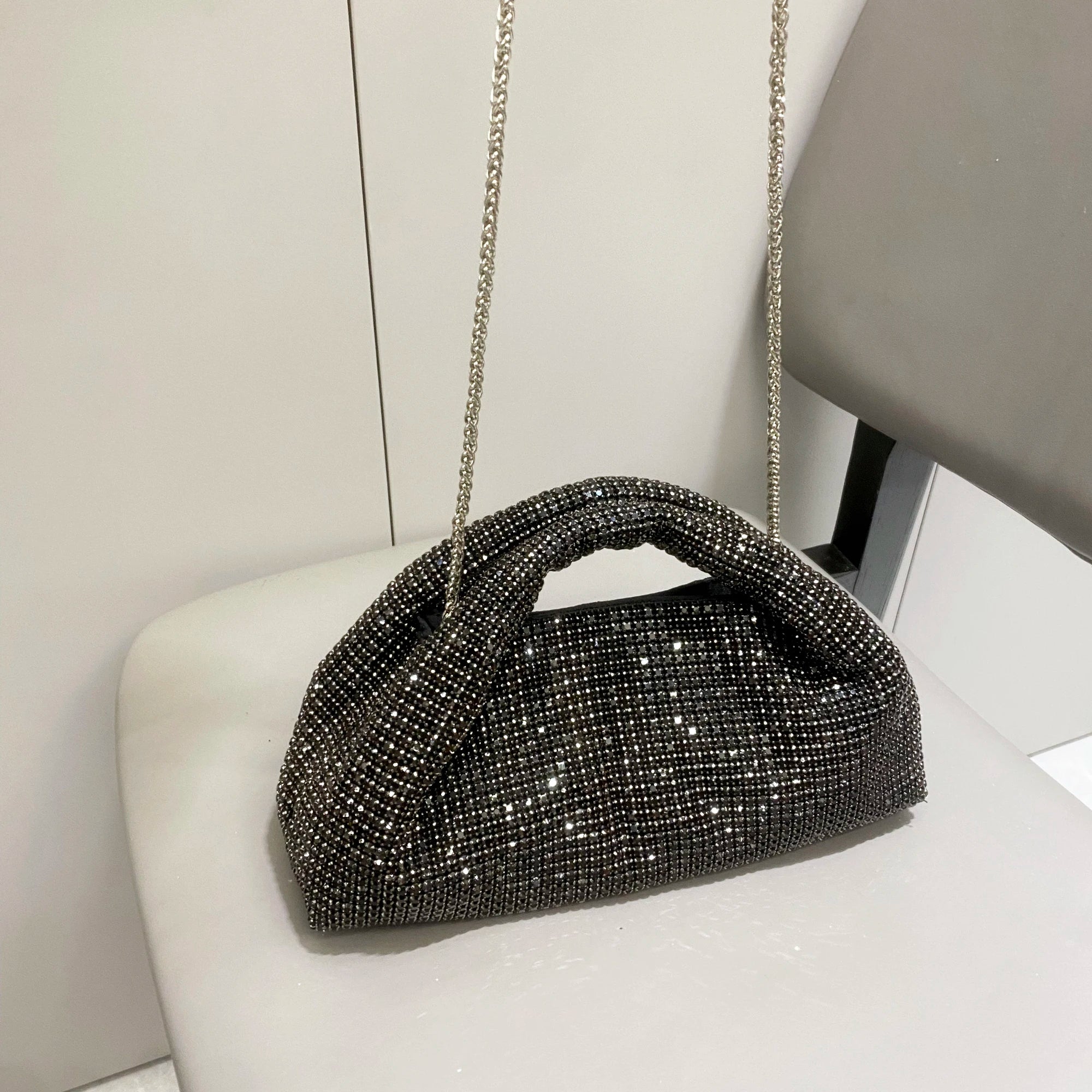 Shiny crystal MC THE BLACK DIAMOND clutch purse with rhinestones, handmade evening handbag, bucket style shoulder bag.