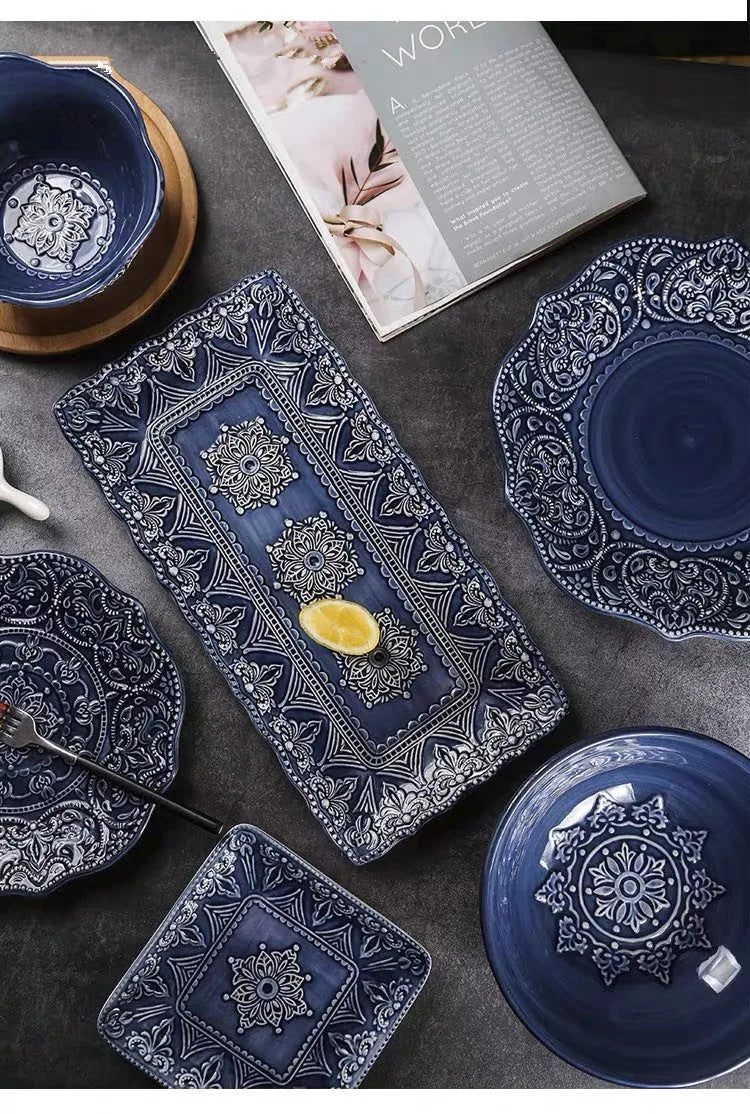 Blue retro relief ceramic tableware dishes set from 𝕄𝕔 𝕋𝕙𝕖 𝔹𝕝𝕒𝕔𝕜 𝔻𝕚𝕒𝕞𝕠�