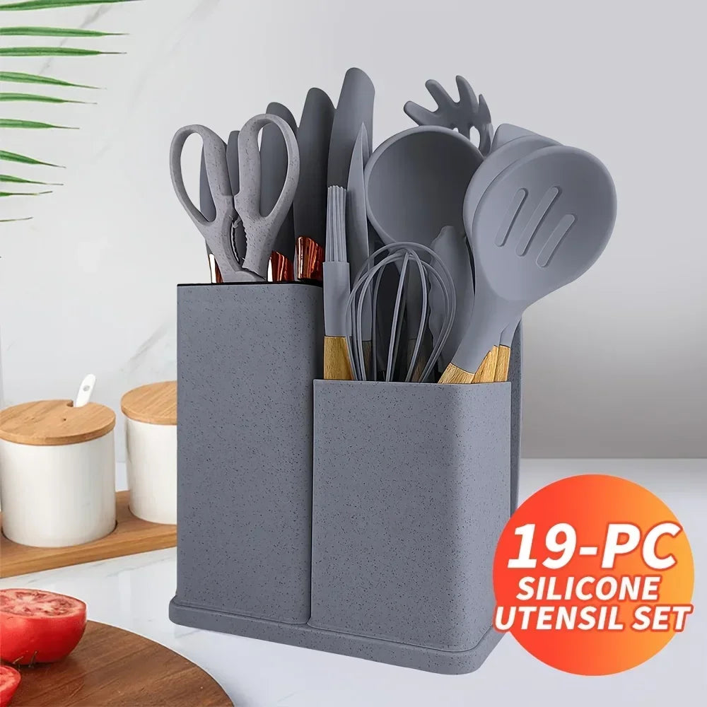 Set of 19 non-stick silicone kitchen utensils including spatulas, spoons, and tongs from 𝕄𝕔 𝕋𝕙𝕖 𝔹𝕝𝕒𝕔𝕜 𝔻𝕚