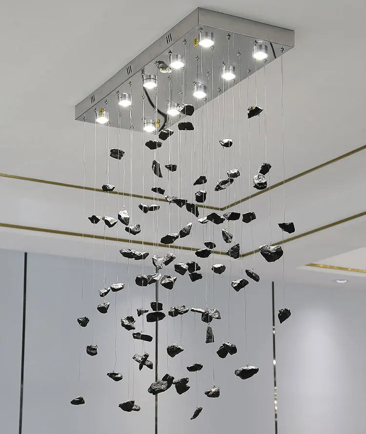 Modern black crystal chandelier by MC THE BLACK DIAMOND featuring stone crystals, LED lighting, ideal for staircases and hallways.