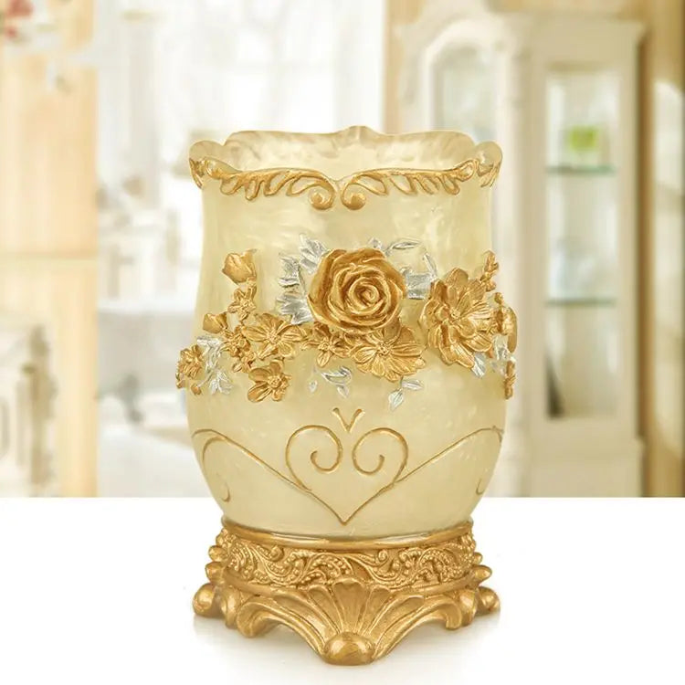 European resin bathroom set with soap dispenser, toothbrush holder, cup, soap dish, wastebin, and toilet brush storage in home decor style.