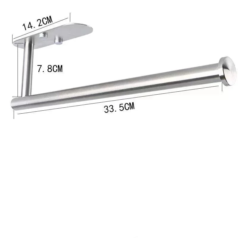 Self-adhesive stainless steel paper towel holder by Mc The Black Diamond mounted under kitchen cabinet.
