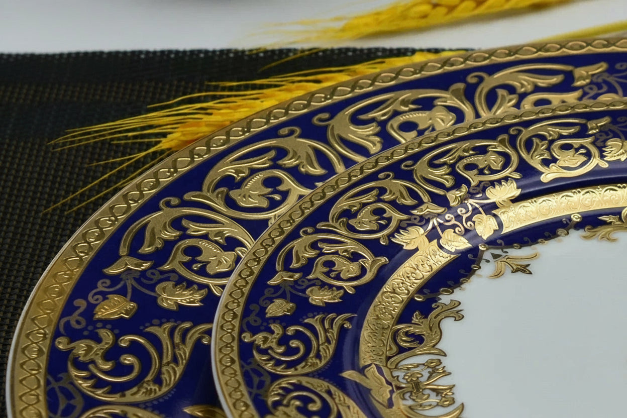 Royal Style embossed gold rim ceramic plates and bowls set by MC THE BLACK DIAMOND, elegant kitchen dinnerware with intricate design.