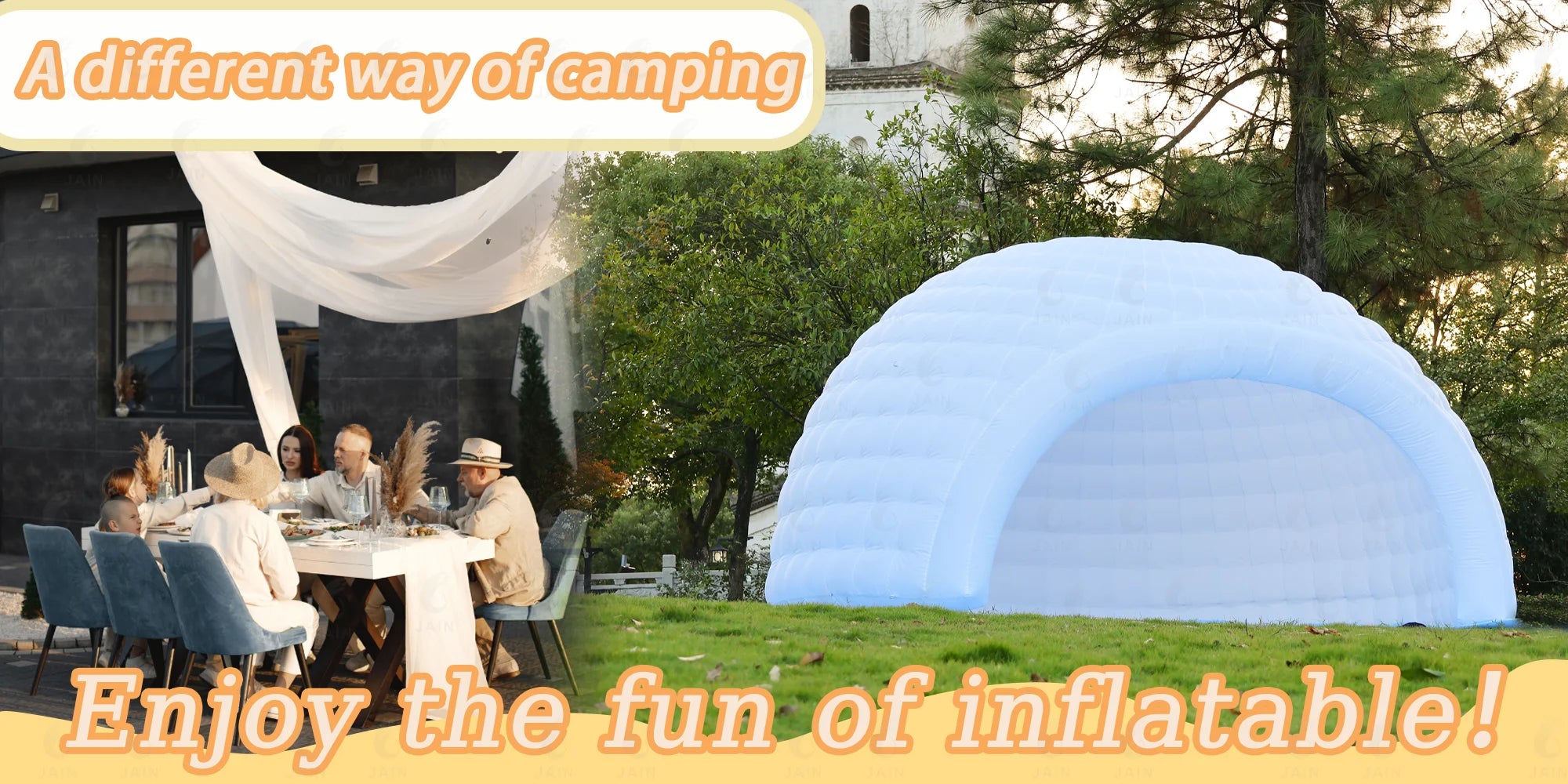 MC THE BLACK DIAMOND inflatable igloo dome tent set up outdoors, showcasing its pop-up design and durable air-inflated structure.