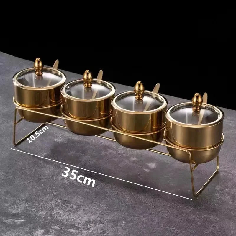 Gold MC THE BLACK DIAMOND 304 seasoning box with glass cap, spoon, and spice jar for salt, soy sauce, and flavoring storage.