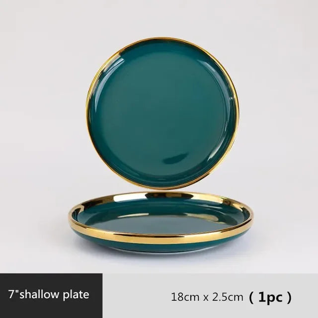 Green ceramic steak food plate from Mc The Black Diamonds kitchen collection, featuring a smooth, round design with a glossy finish.