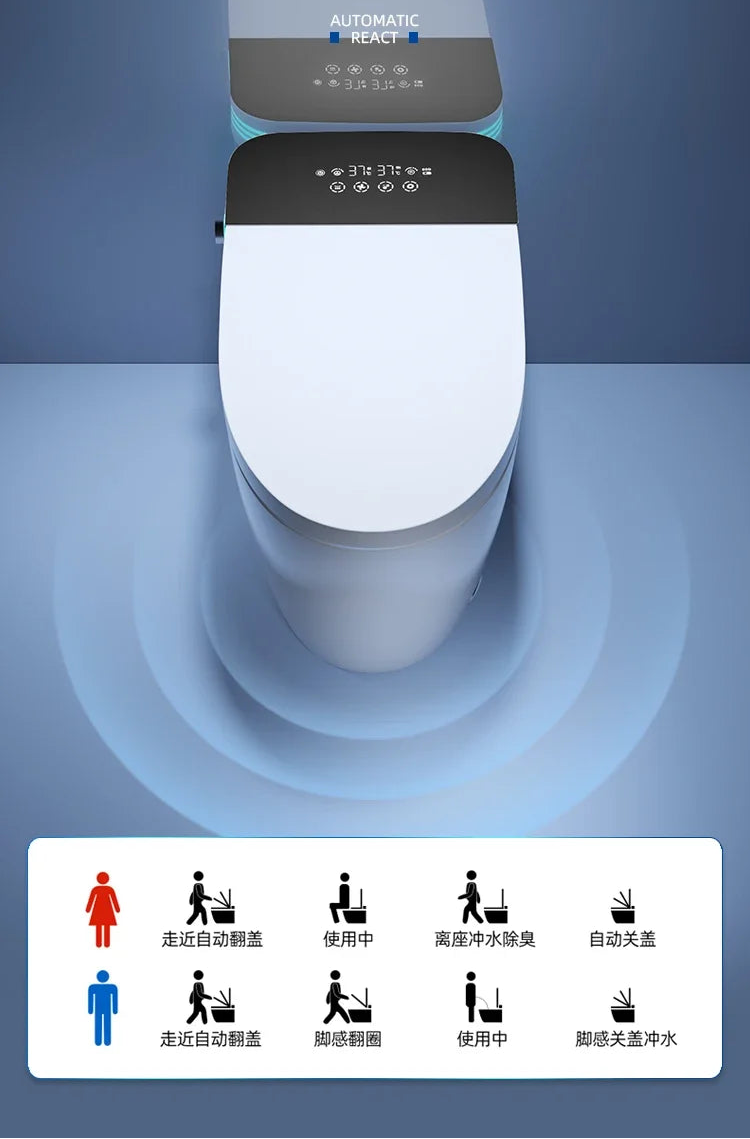 Fully automatic ZQSmart toilet by MC The Black Diamonds, voice-enabled with instant hot water and no water pressure limit.