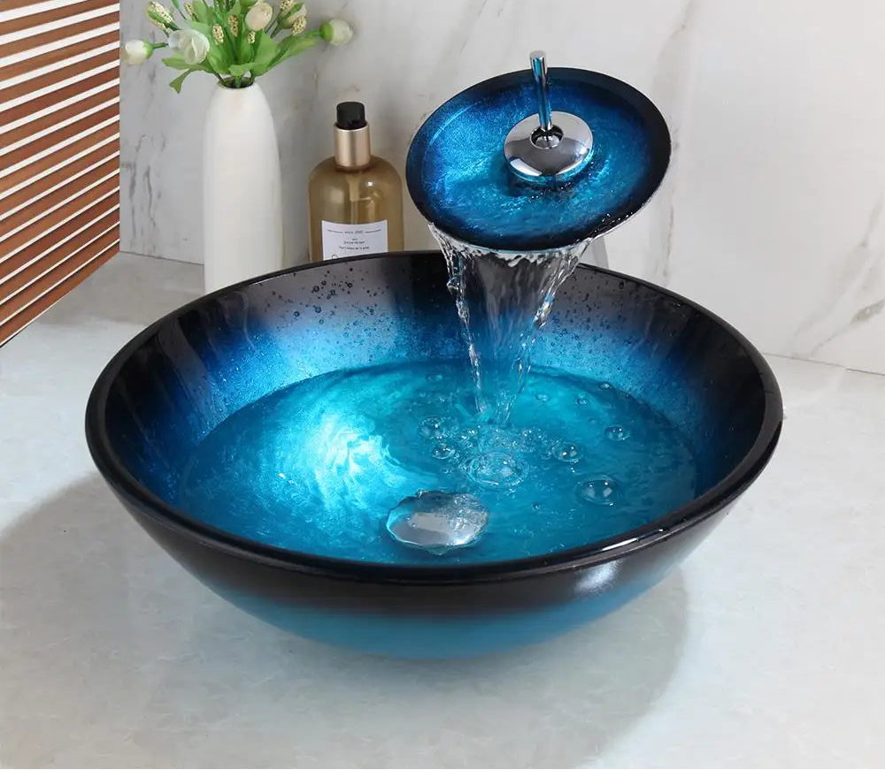 MC THE BLACK DIAMOND ZAPPO tempered glass vessel sink with waterfall black faucet, oval blue above-counter basin for bathroom decor