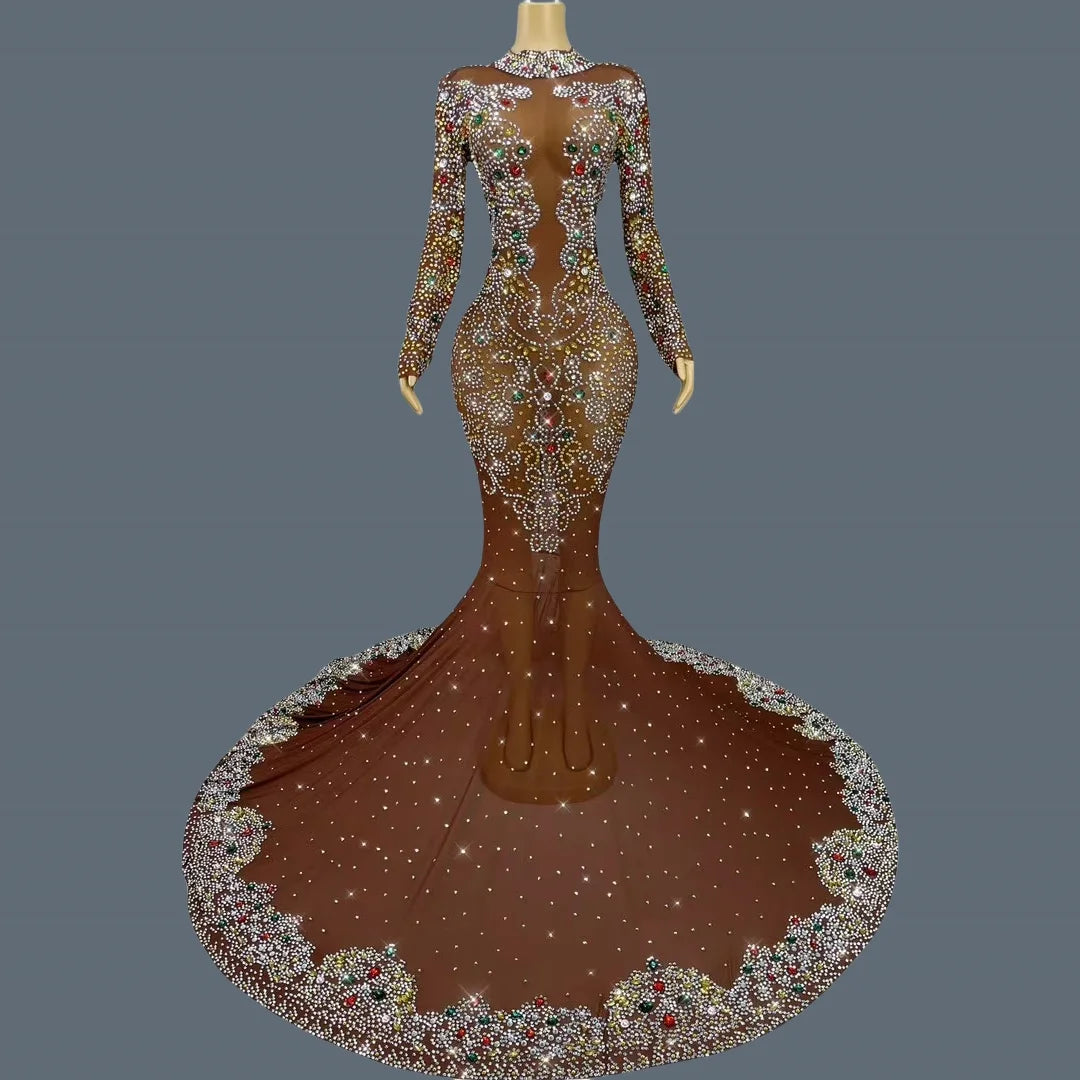 MC THE BLACK DIAMOND luxury floor-length dress with sparkling crystals, elegant and glamorous evening wear.