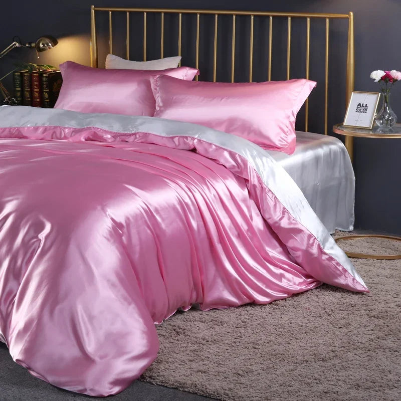 Luxury silk bedding set with duvet cover, fitted sheet, pillowcases in solid color, king and queen sizes by 𝕄𝕔 𝕋𝕙𝕖 𝔹𝕝𝕒𝕔𝕜 𝔻�