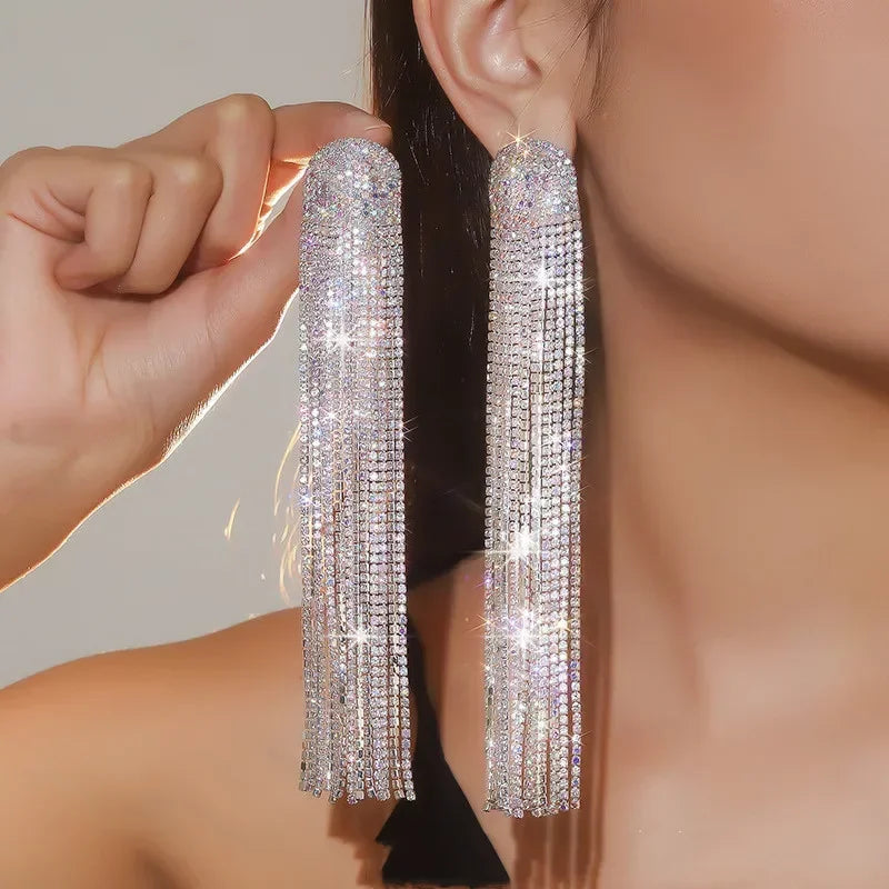MC THE BLACK DIAMOND long tassel rhinestone drop earrings with crystal dangles, stylish jewelry for women