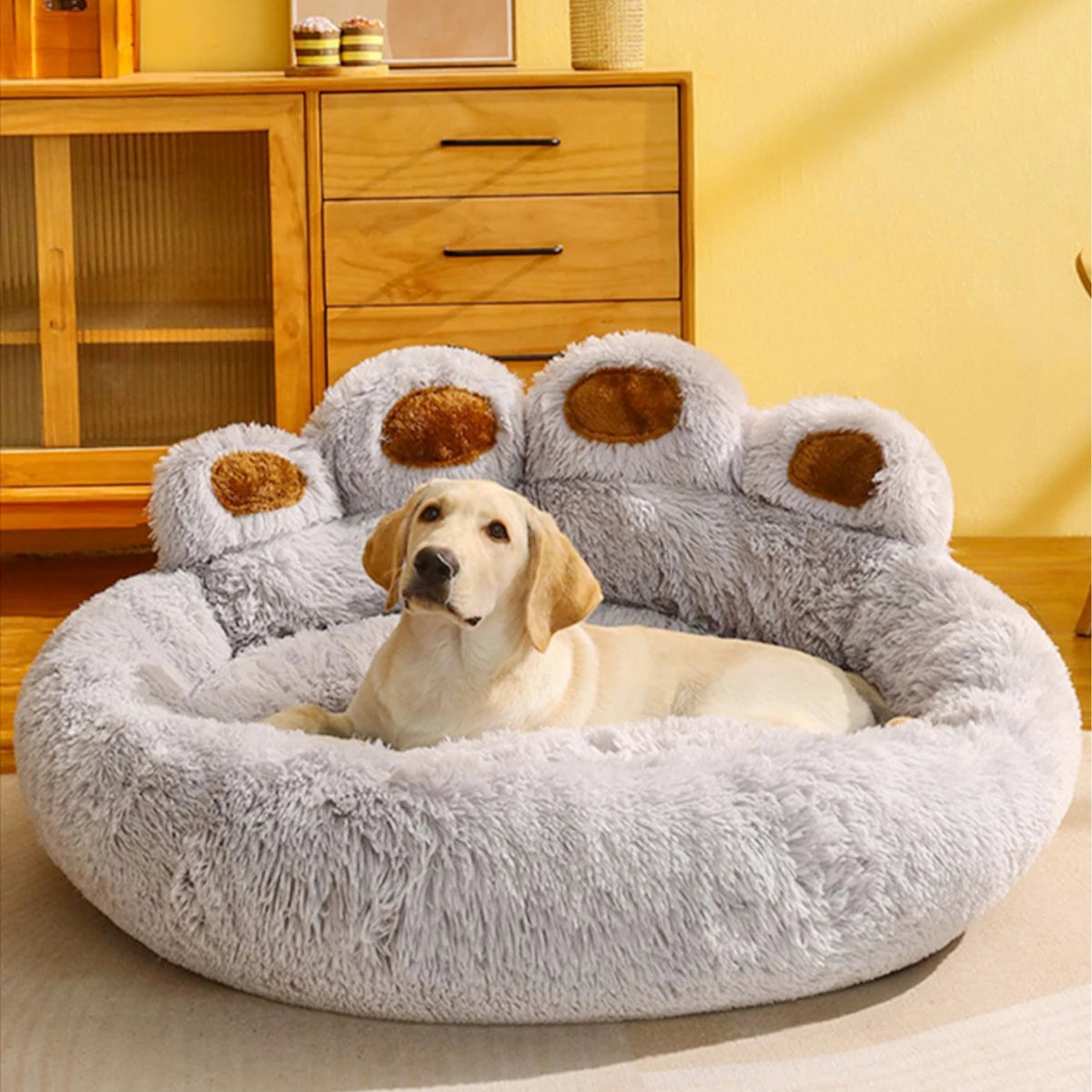 Large plush dog bed by MC THE BLACK DIAMOND, cozy winter pet cave with soft bedding for large dogs and cats.
