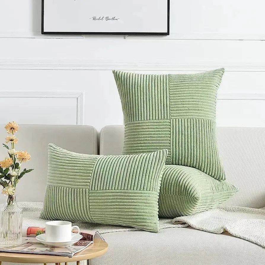 Mustard yellow corduroy pillow cover with boho spliced patchwork design, textured cushion case for soft, stylish couch decor.