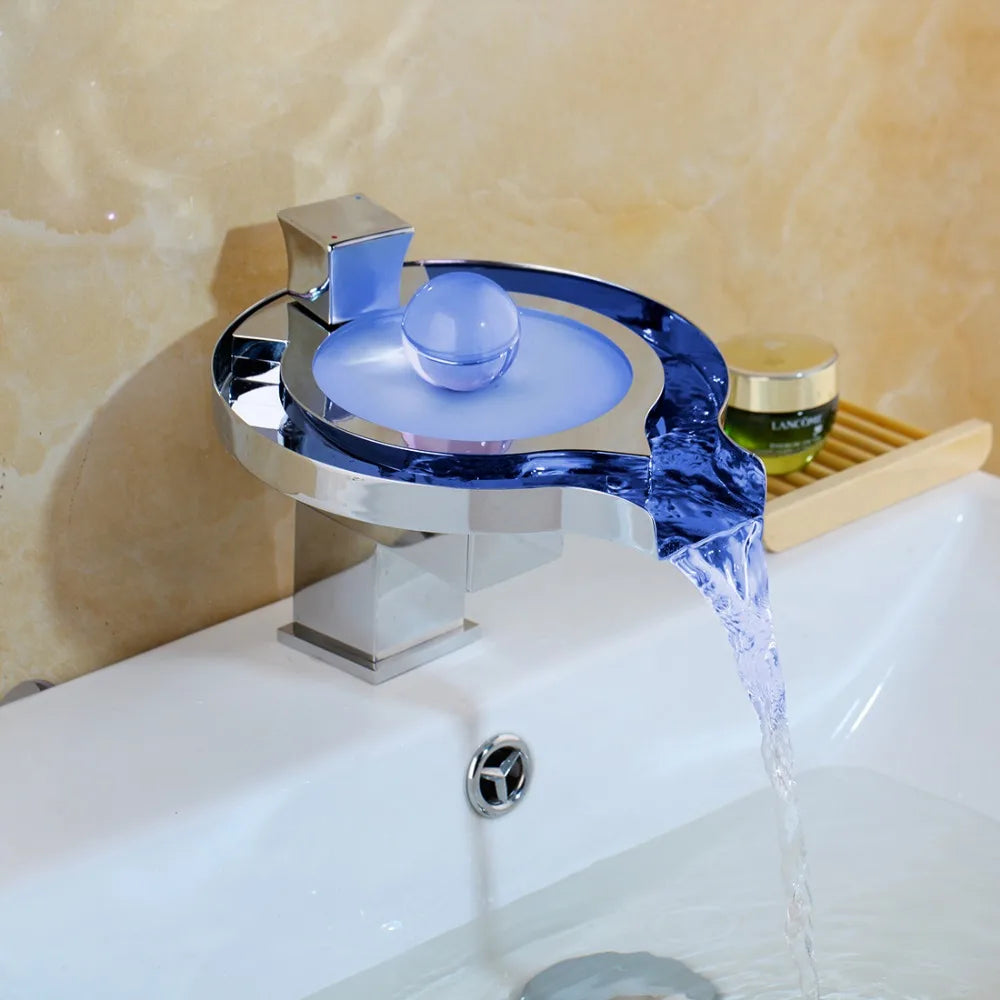 MC THE BLACK DIAMOND ZAPPO LED RGB bathroom basin sink faucet with waterfall flow, chrome finish, hot and cold water mixer tap.