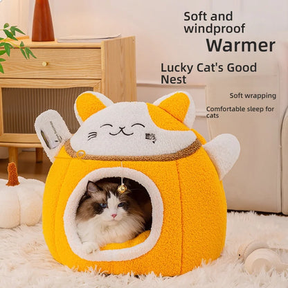Lucky Fortune Cat Pet Bed - Winter Warm Semi-Open Fleece Round Bed for Cats &amp; Dogs | Cozy Lucky Pet House, Soft Cushioned Kennel - https://mohammadcollection.com