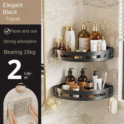 MC The Black Diamonds no-drill shower caddy and bathroom organizer with multiple shelves and hooks for bath storage.