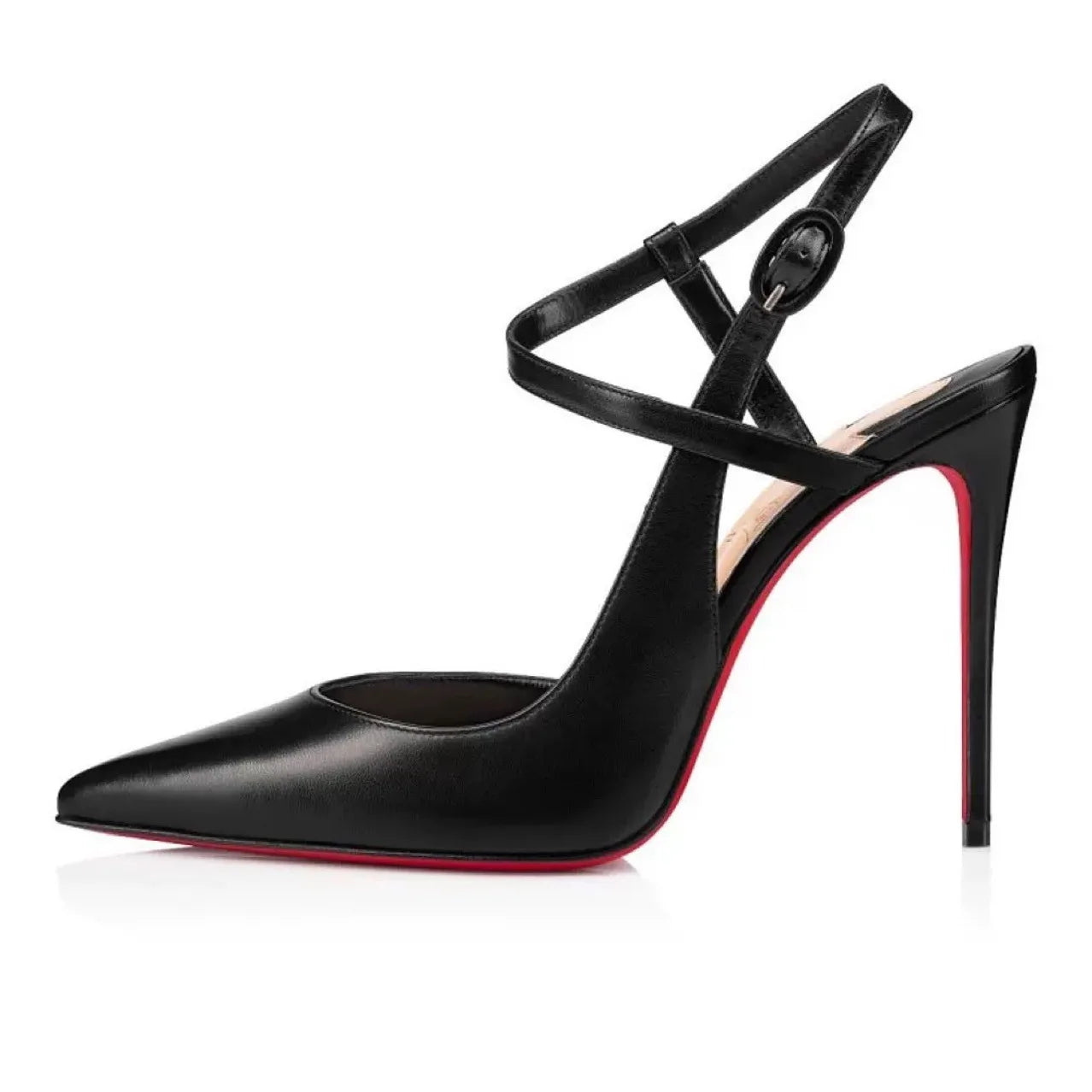 Pointed toe red bottom black leather women's sandals with one strap and stiletto heels by 𝕄𝕔 𝕋𝕙𝕖 𝔹𝕝𝕒𝕔𝕜 𝔻𝕚�