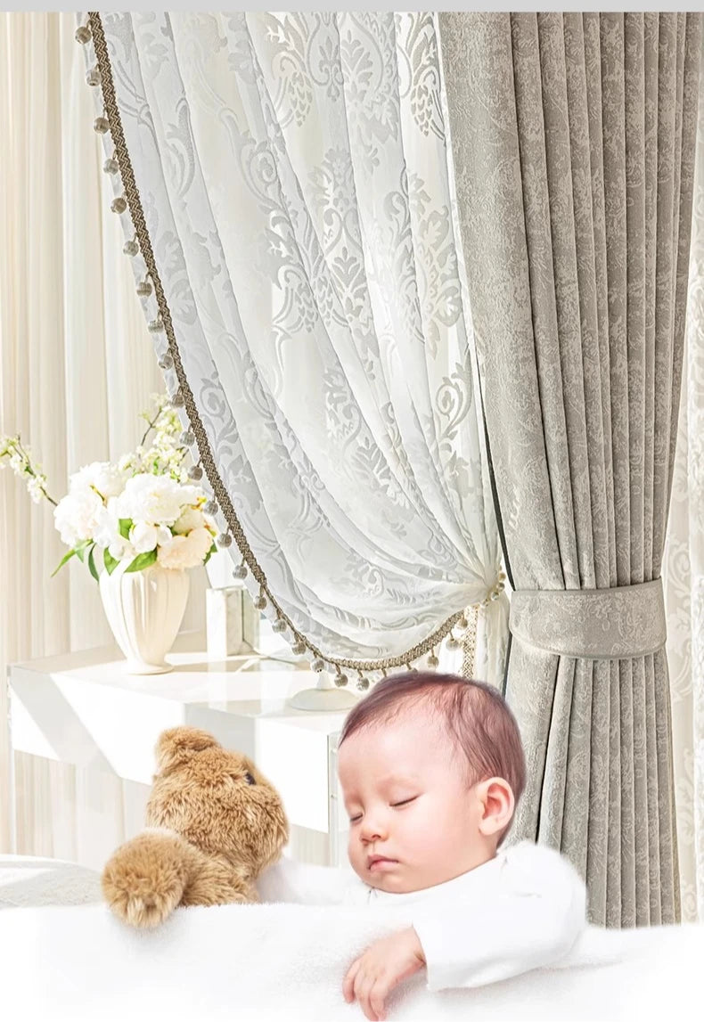 Beige jacquard chenille curtains from MC THE BLACK DIAMOND, suitable for living rooms, bedrooms, and balconies with custom window screens