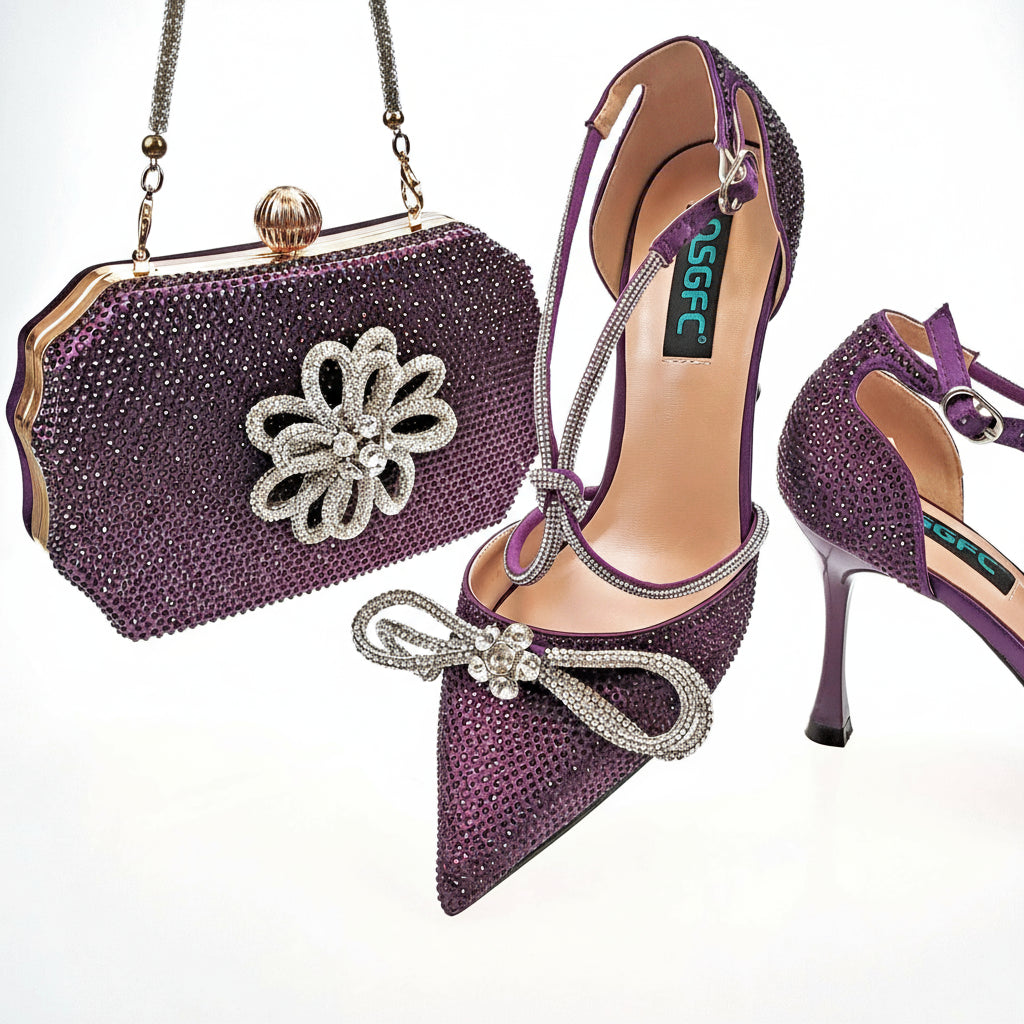 MC THE BLACK DIAMOND purple pointed toe high heels with rhinestones, matching women's shoes and bags set with elegant full upper design.