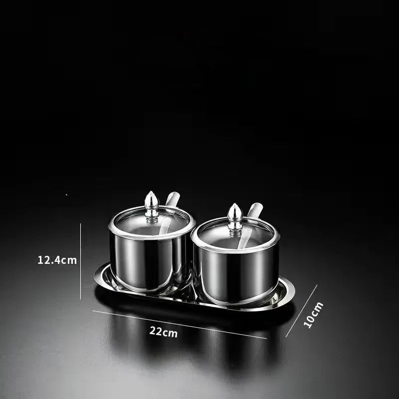 Gold MC THE BLACK DIAMOND 304 seasoning box with glass cap, spoon, and spice jar for salt, soy sauce, and flavoring storage.