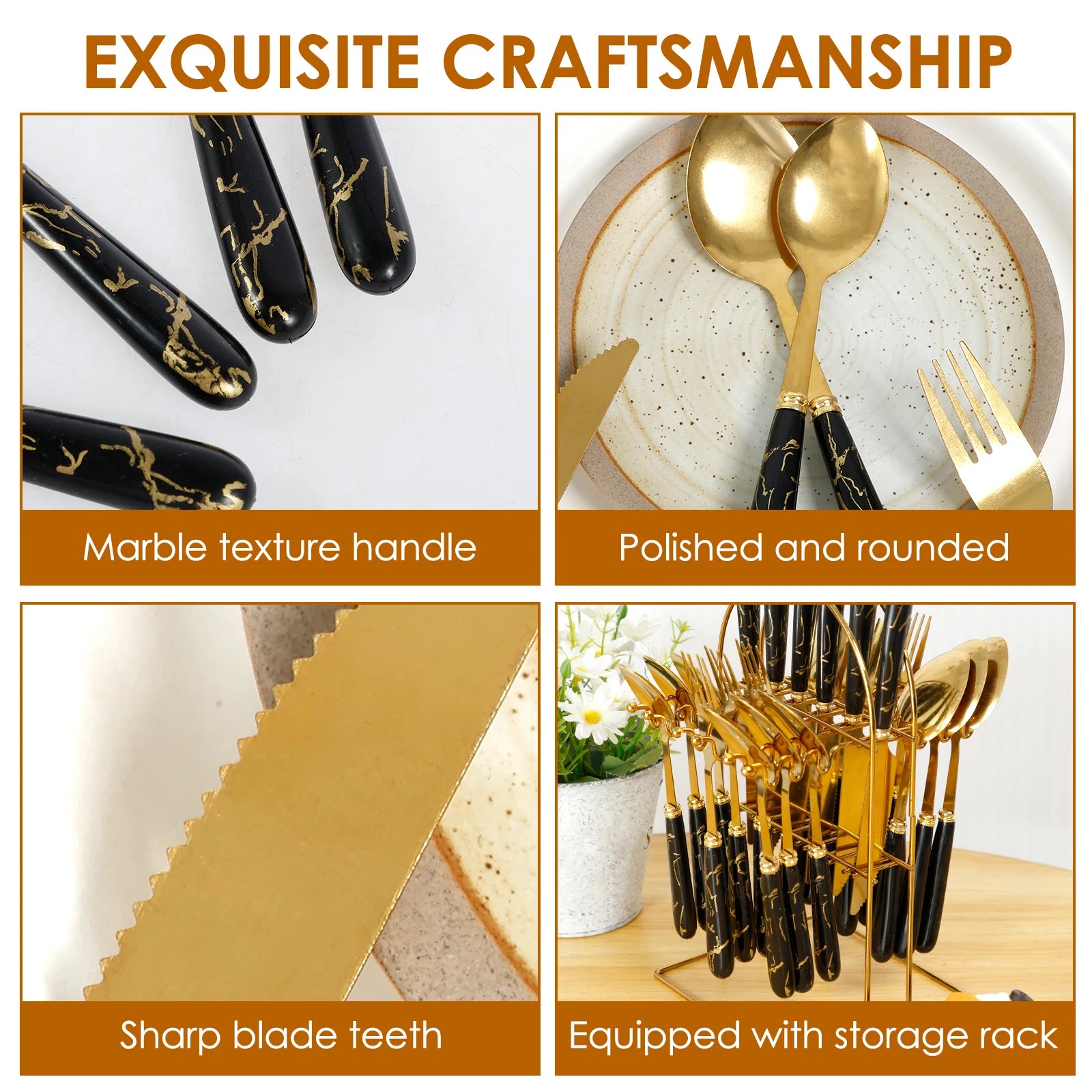 Stainless steel 24-piece tableware set with holder, including forks, knives, and spoons, mirror polished for 6 people.