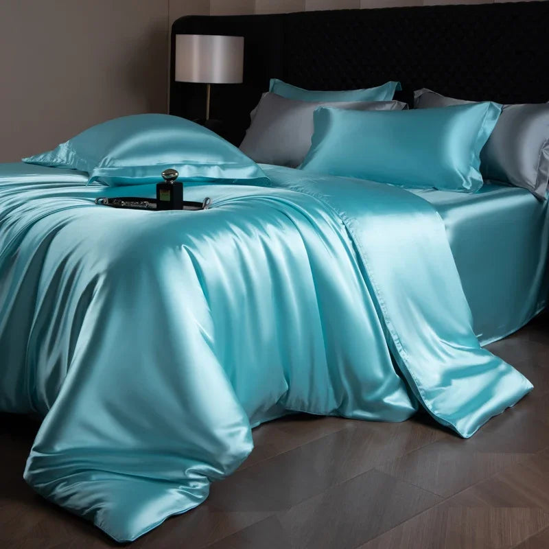 Luxury silk bedsheet set with duvet cover, fitted sheet, flat sheet, and pillowcases from 𝕄𝕔 𝕋𝕙𝕖 𝔹𝕝𝕒𝕔𝕜 𝔻𝕚�