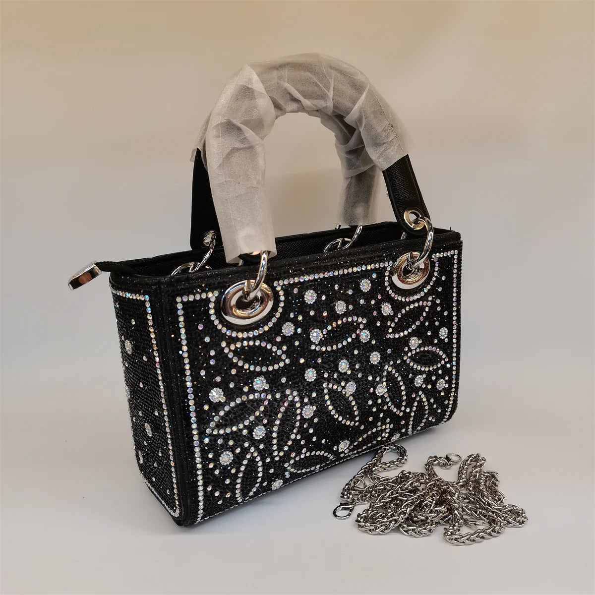 MC THE BLACK DIAMOND women's rhinestone evening clutch handbag with long chain and embellished design, casual style for special occasions.