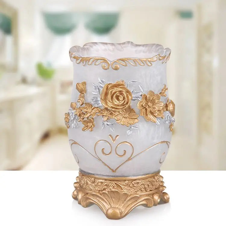 European Resin bathroom decor set with soap dispenser, toothbrush holder, cup, soap dish, toilet brush, and wastebin in stylish design