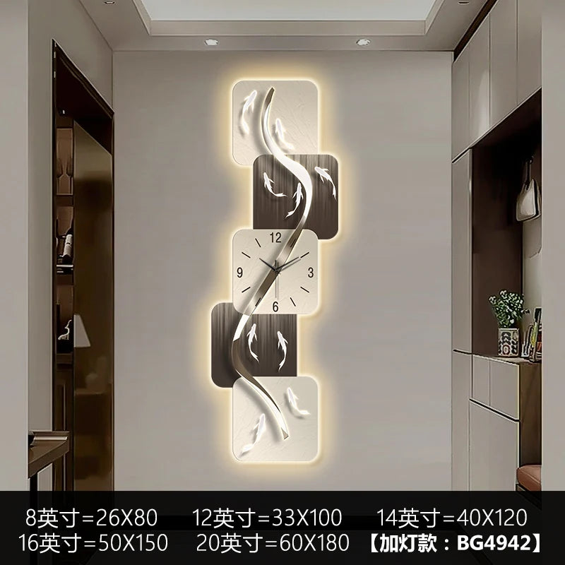 Modern wall clock with nine fish design, LED luminescent mural, black frame, and quiet movement, ideal for living room or corridor decor.