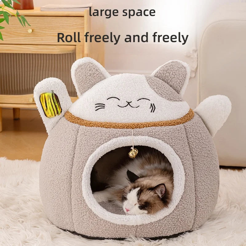 Lucky Fortune Cat Pet Bed - Winter Warm Semi-Open Fleece Round Bed for Cats &amp; Dogs | Cozy Lucky Pet House, Soft Cushioned Kennel - https://mohammadcollection.com