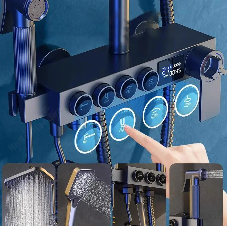 Modern bathroom shower head set by Mc The Black Diamonds, featuring a sleek bath shower system with a hand-held shower and adjustable spray.