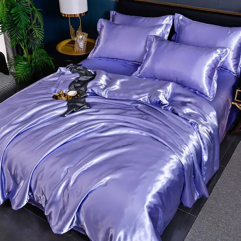 Luxury MC THE BLACK DIAMOND Nordic satin silk bedding set with duvet cover, bed sheet, and pillowcases in solid design.