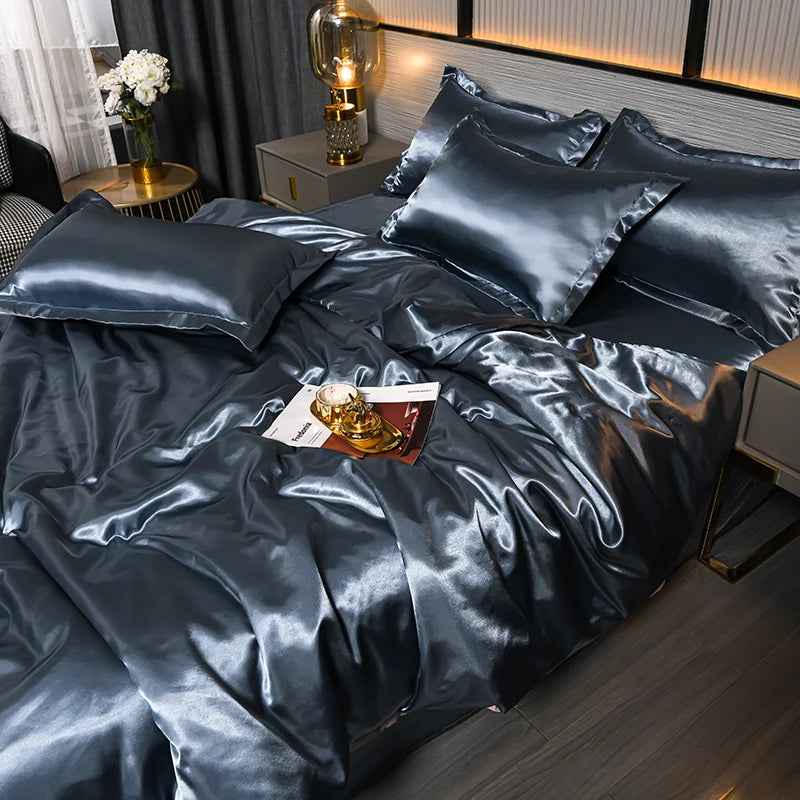 Luxury Mulberry satin bedding set featuring a silky queen duvet cover and sheet, soft, skin-friendly, high-end bedsheets by 𝕄𝕔 𝕋𝕙𝕖 𝔹𝕝𝕒𝕔𝕜 �