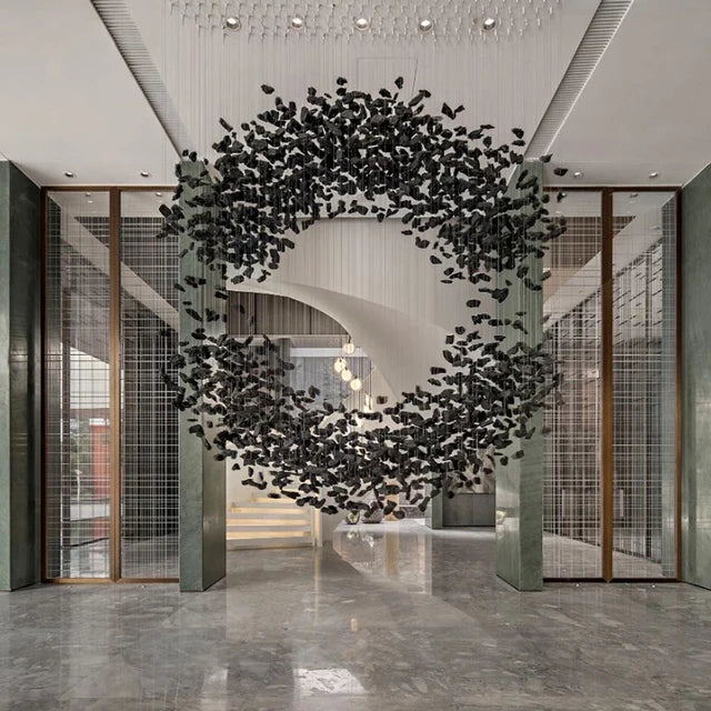 Black Art Luxury Stone Crystal Chandelier by MC THE BLACK DIAMOND, modern LED hanging light fixture for staircase or hallway decor.