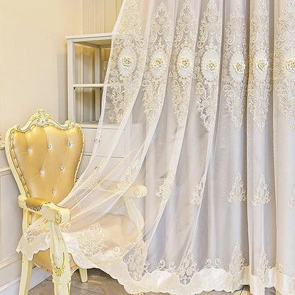 Luxury European 3D Embroidered Double Layer Curtains with Valance for Living Room and Bedroom, Beige, 51x84 Inches - https://mohammadcollection.com