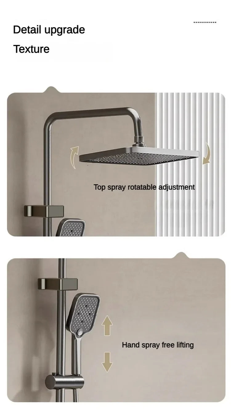 Gray four-function digital shower system by MC THE BLACK DIAMOND with rainfall and pressurized wall-mounted faucet, suitable for bathtub and shower.